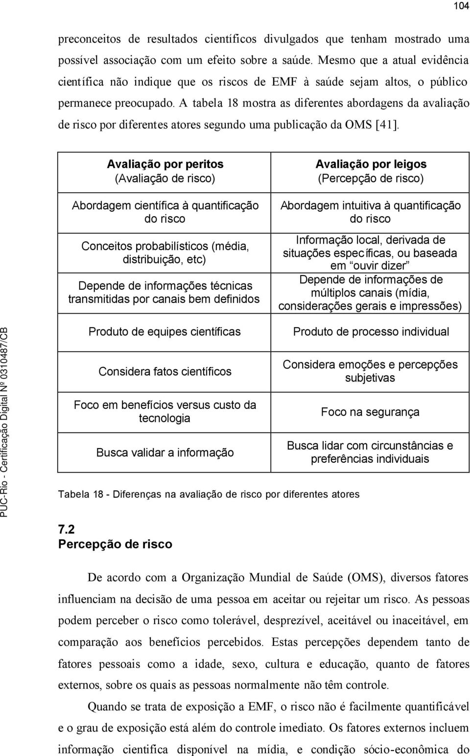 A tabela 18 mostra as diferentes abordagens da avaliação de risco por diferentes atores segundo uma publicação da OMS [41].