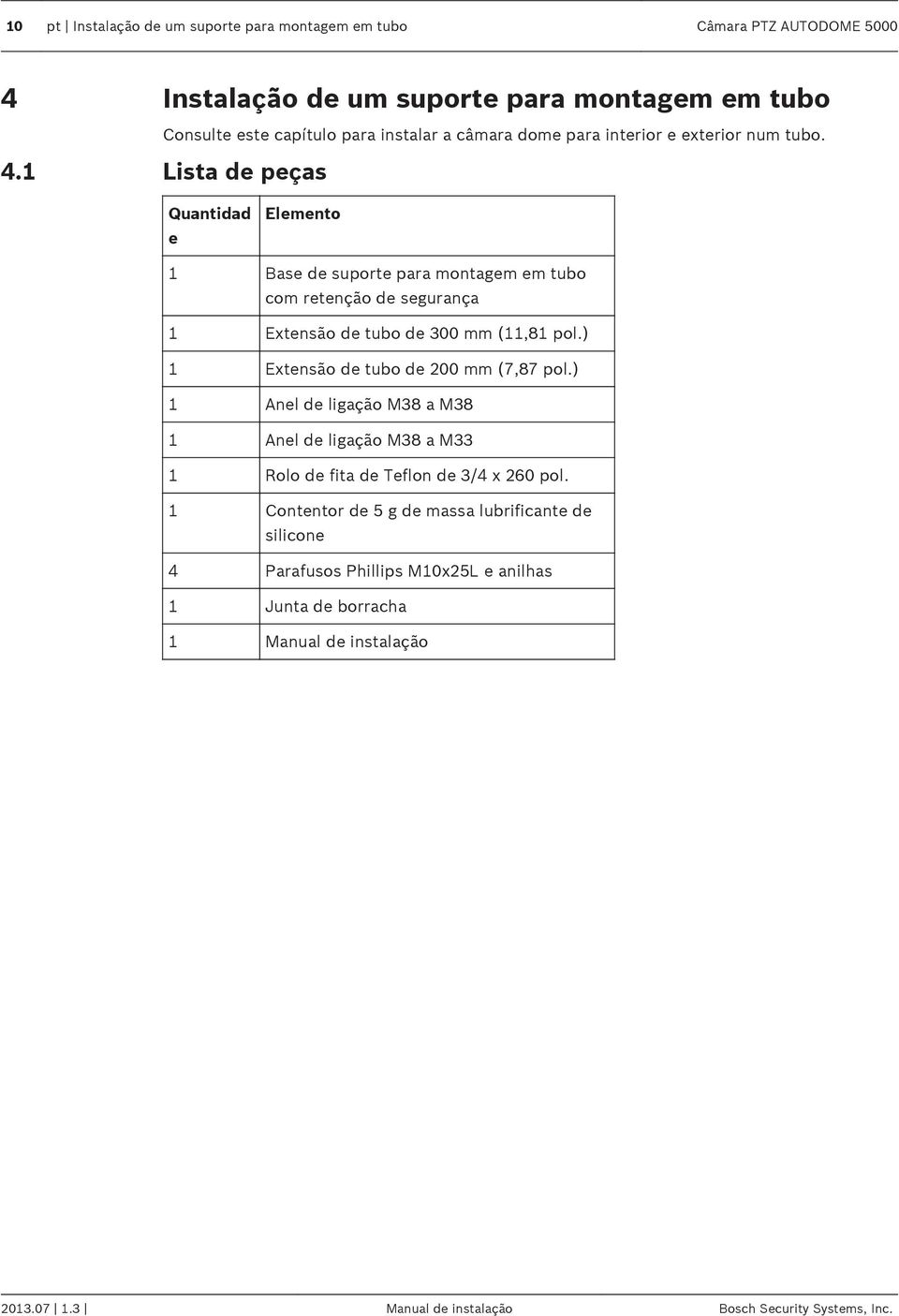 1 Lista de peças Quantidad e Elemento 1 Base de suporte para montagem em tubo com retenção de segurança 1 Extensão de tubo de 300 mm (11,81 pol.