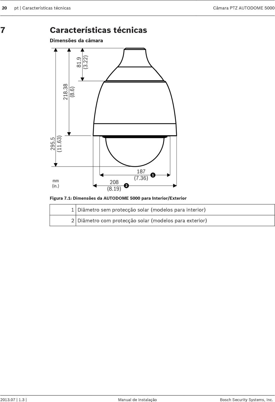 1: Dimensões da AUTODOME 5000 para Interior/Exterior 1 Diâmetro sem protecção solar (modelos para