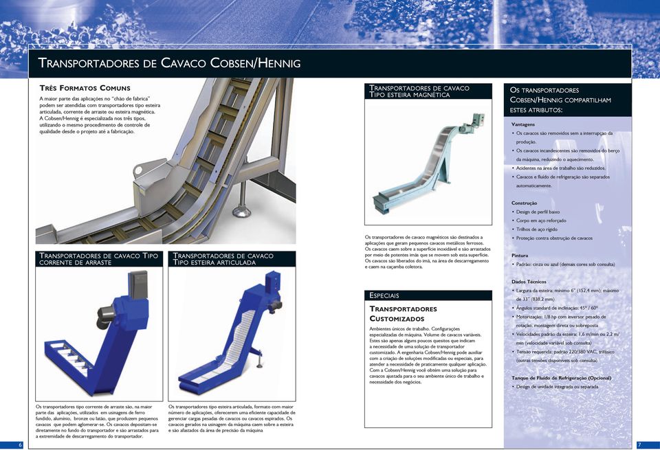 Transportadores de cavaco Tipo esteira magnética Os transportadores Cobsen/Hennig compartilham estes atributos: Vantagens Os cavacos são removidos sem a interrupção da produção.