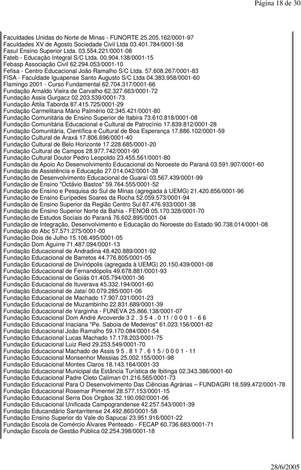 267/0001-83 FISA - Faculdade Iguapense Santo Augusto S/C Ltda 04.383.958/0001-60 Flamingo 2001 - Curso Fundamental 62.704.317/0001-66 Fundação Arnaldo Vieira de Carvalho 62.327.