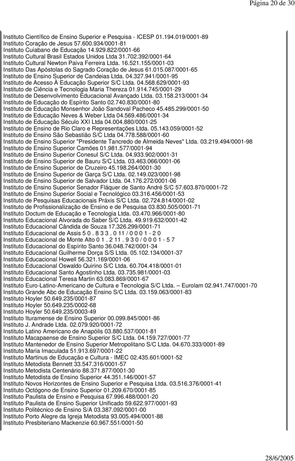 015.087/0001-65 Instituto de Ensino Superior de Candeias Ltda. 04.327.941/0001-95 Instituto de Acesso À Educação Superior S/C Ltda. 04.568.