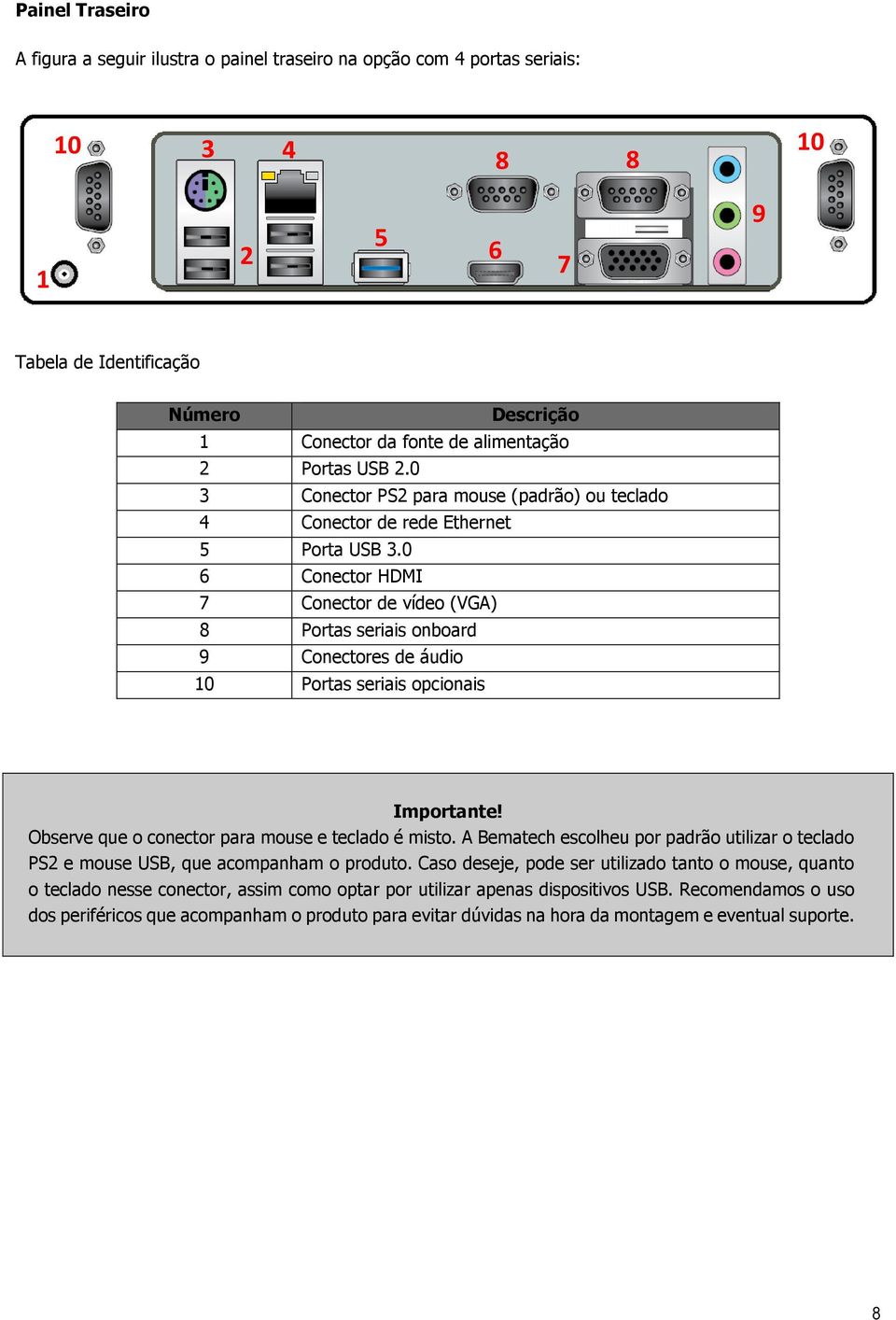 0 6 Conector HDMI 7 Conector de vídeo (VGA) 8 Portas seriais onboard 9 Conectores de áudio 10 Portas seriais opcionais Importante! Observe que o conector para mouse e teclado é misto.