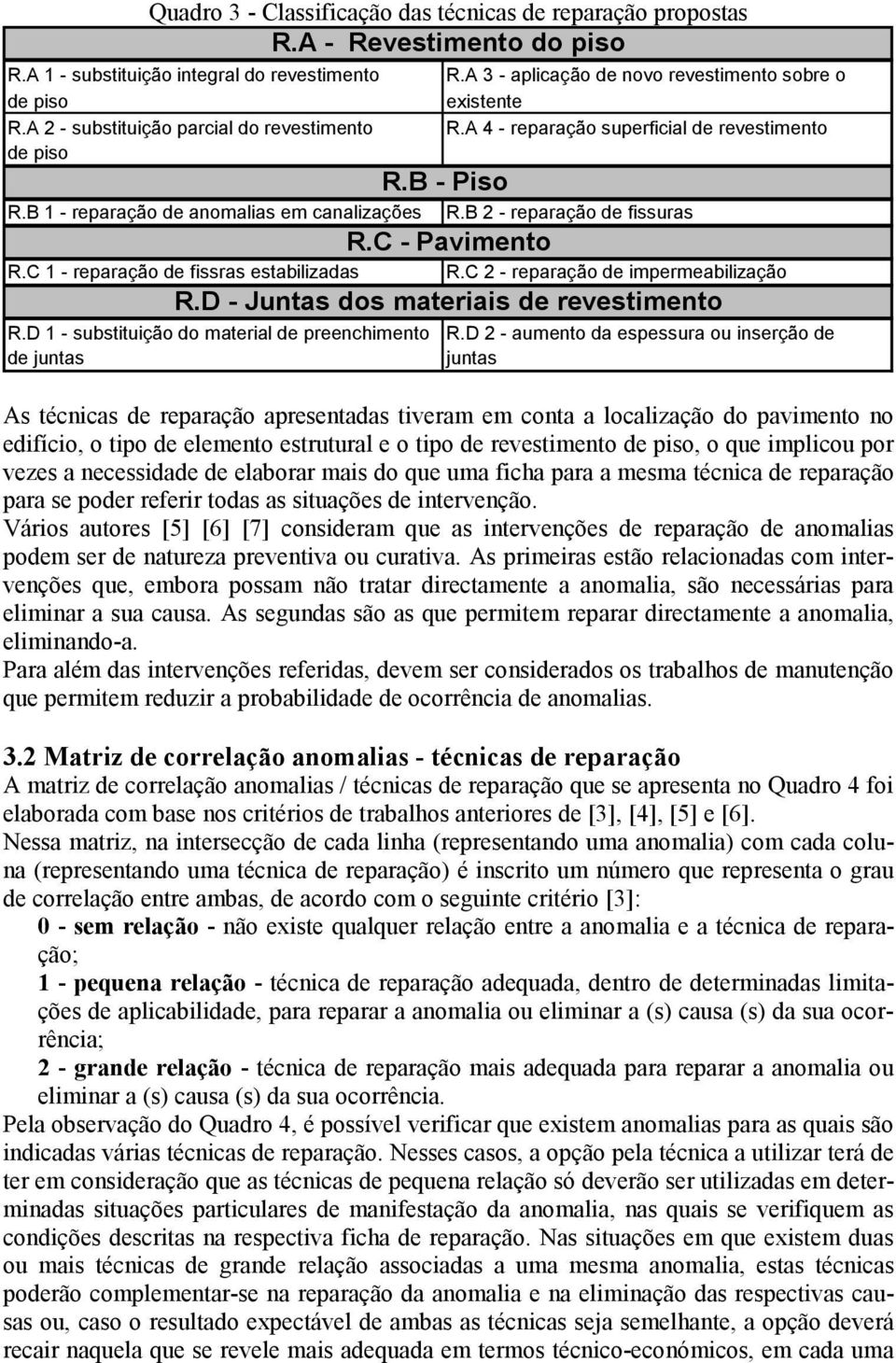 A 3 - aplicação de novo revestimento sobre o existente R.A 4 - reparação superficial de revestimento R.B - Piso R.B 2 - reparação de fissuras R.C - Pavimento R.C 2 - reparação de impermeabilização R.