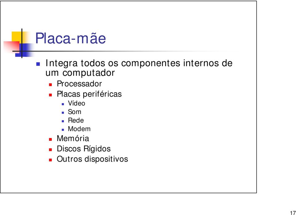 Placas periféricas Vídeo Som Rede Modem