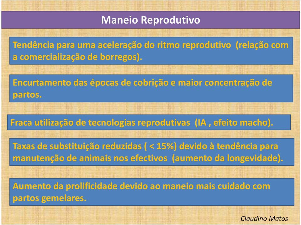 Fraca utilização de tecnologias reprodutivas (IA, efeito macho).