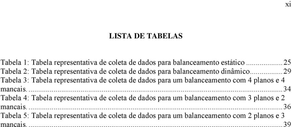 ..29 Tabela 3: Tabela representativa de coleta de dados para um balanceamento com 4 planos e 4 mancais.