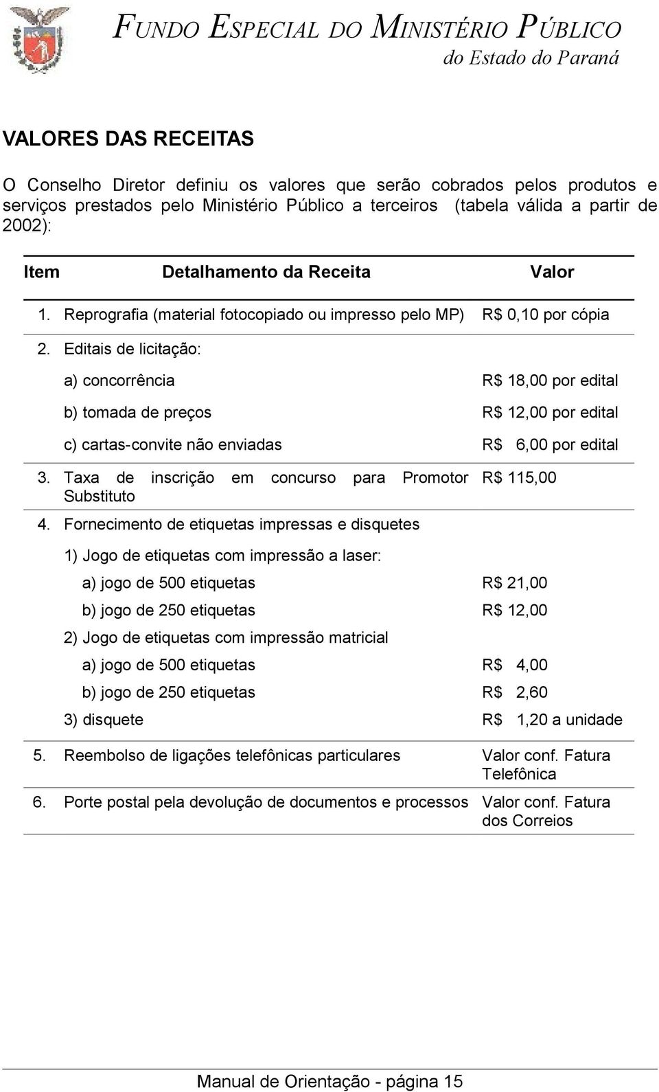 Editais de licitação: a) concorrência R$ 18,00 por edital b) tomada de preços R$ 12,00 por edital c) cartas-convite não enviadas R$ 6,00 por edital 3.