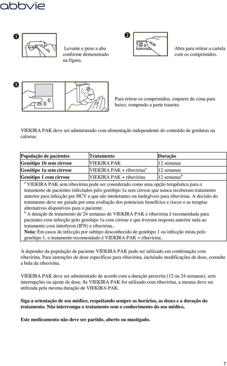 População de pacientes Tratamento Duração Genótipo 1b sem cirrose VIEKIRA PAK 12 semanas Genótipo 1a sem cirrose VIEKIRA PAK + ribavirina a 12 semanas Genótipo 1 com cirrose VIEKIRA PAK + ribavirina