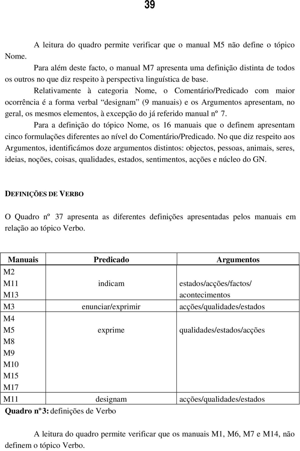 Relativamente à categoria Nome, o Comentário/Predicado com maior ocorrência é a forma verbal designam (9 manuais) e os Argumentos apresentam, no geral, os mesmos elementos, à excepção do já referido