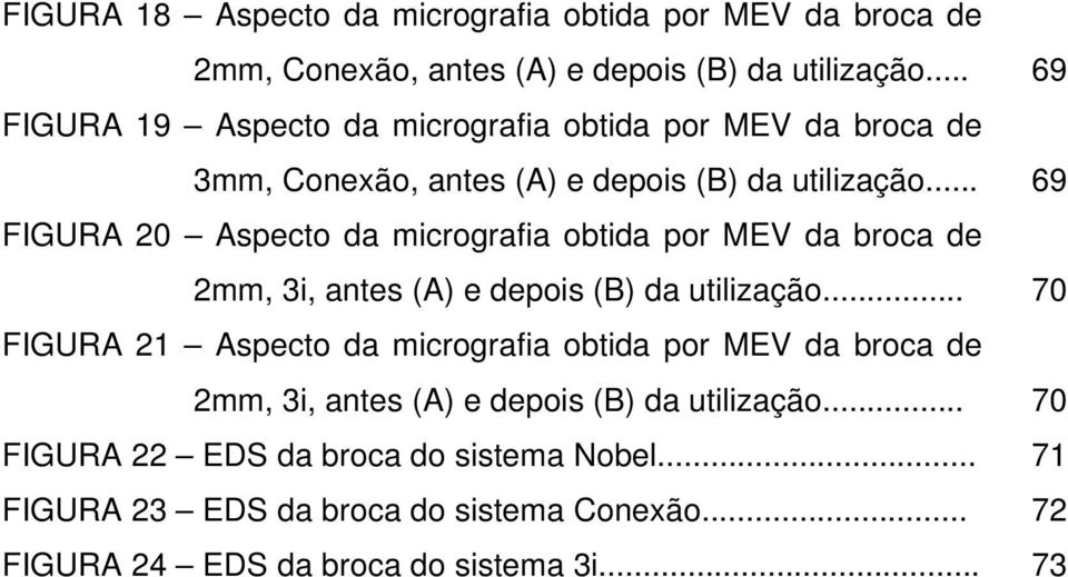 .. 69 FIGURA 20 Aspecto da micrografia obtida por MEV da broca de 2mm, 3i, antes (A) e depois (B) da utilização.