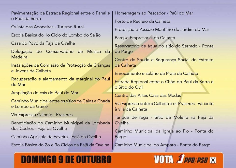 Municipal entre os sítios de Cales e Chada e Lombo da Guiné Via Expresso Calheta - Prazeres Beneficiação do Caminho Municipal da Lombada dos Cedros - Fajã da Ovelha Caminho Agrícola da Faveira - Fajã