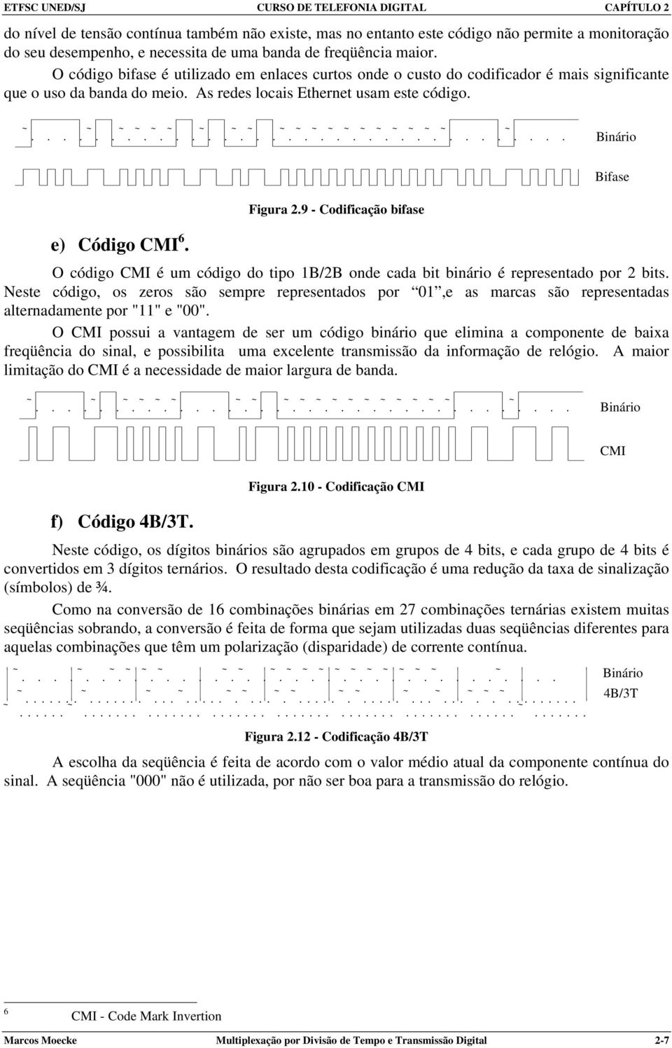 9 - Codificação bifase e) Código CMI 6. O código CMI é um código do tipo 1B/2B onde cada bit binário é representado por 2 bits.