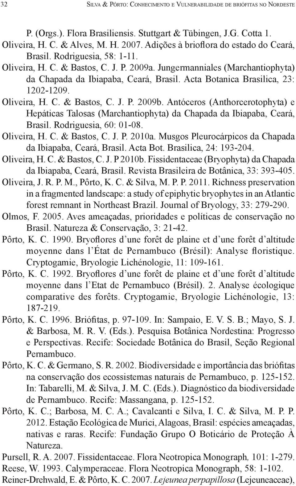 Acta Botanica Brasilica, 23: 1202-1209. Oliveira, H. C. & Bastos, C. J. P. 2009b. Antóceros (Anthorcerotophyta) e Hepáticas Talosas (Marchantiophyta) da Chapada da Ibiapaba, Ceará, Brasil.