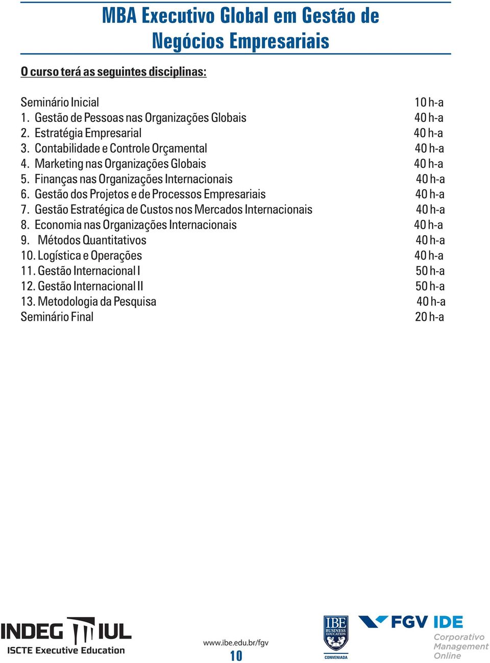 Gestão dos Projetos e de Processos Empresariais 40 h-a 7. Gestão Estratégica de Custos nos Mercados Internacionais 40 h-a 8. Economia nas Organizações Internacionais 40 h-a 9.