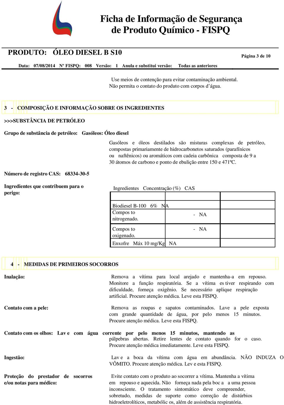 3 - COMPOSIÇÃO E INFORMAÇÃO SOBRE OS INGREDIENTES >>>SUBSTÂNCIA DE PETRÓLEO Grupo de substância de petróleo: Gasóleos: Óleo diesel Número de registro CAS: 68334-30-5 Gasóleos e óleos destilados são