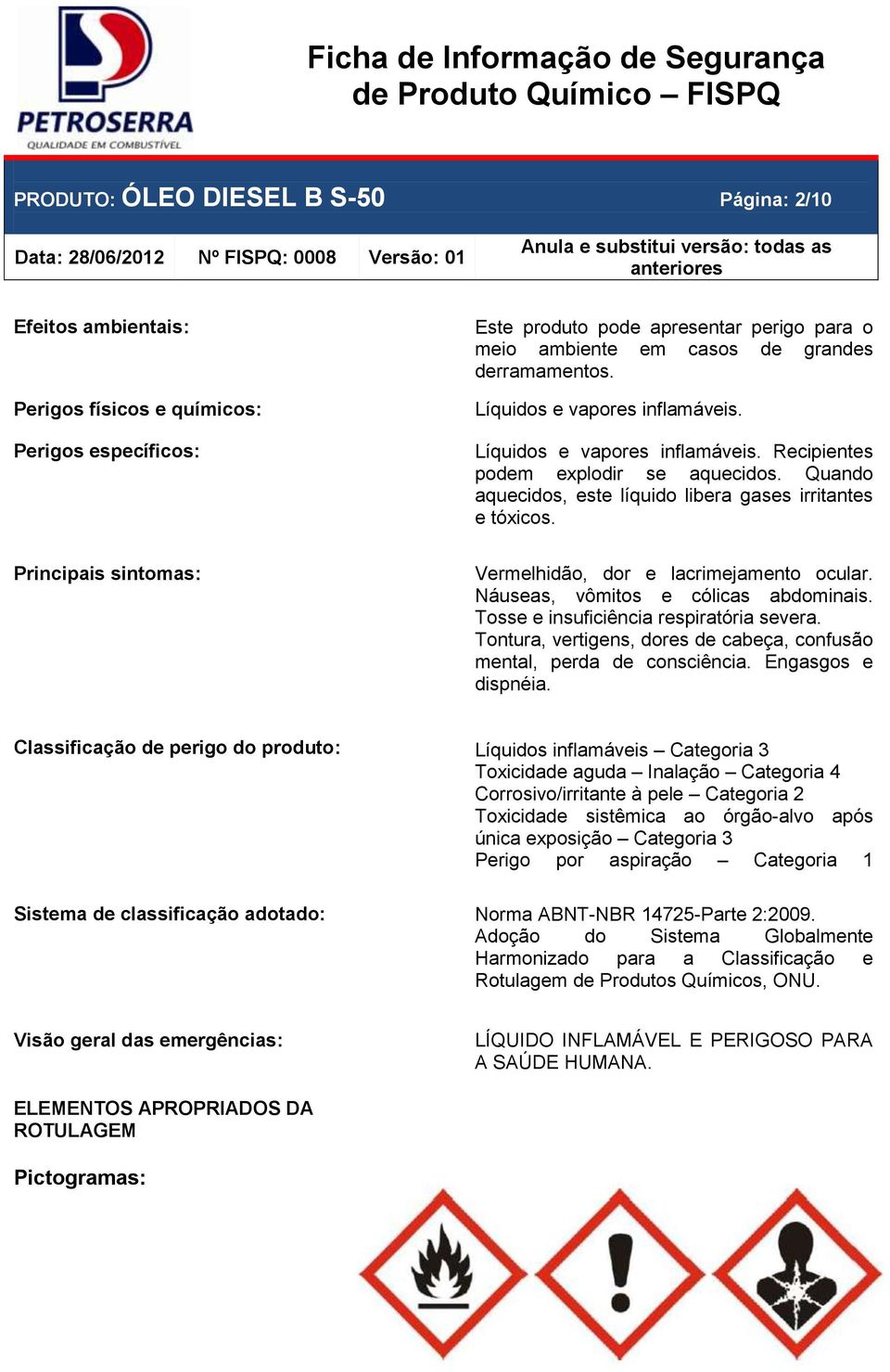 Quando aquecidos, este líquido libera gases irritantes e tóxicos. Principais sintomas: Vermelhidão, dor e lacrimejamento ocular. Náuseas, vômitos e cólicas abdominais.