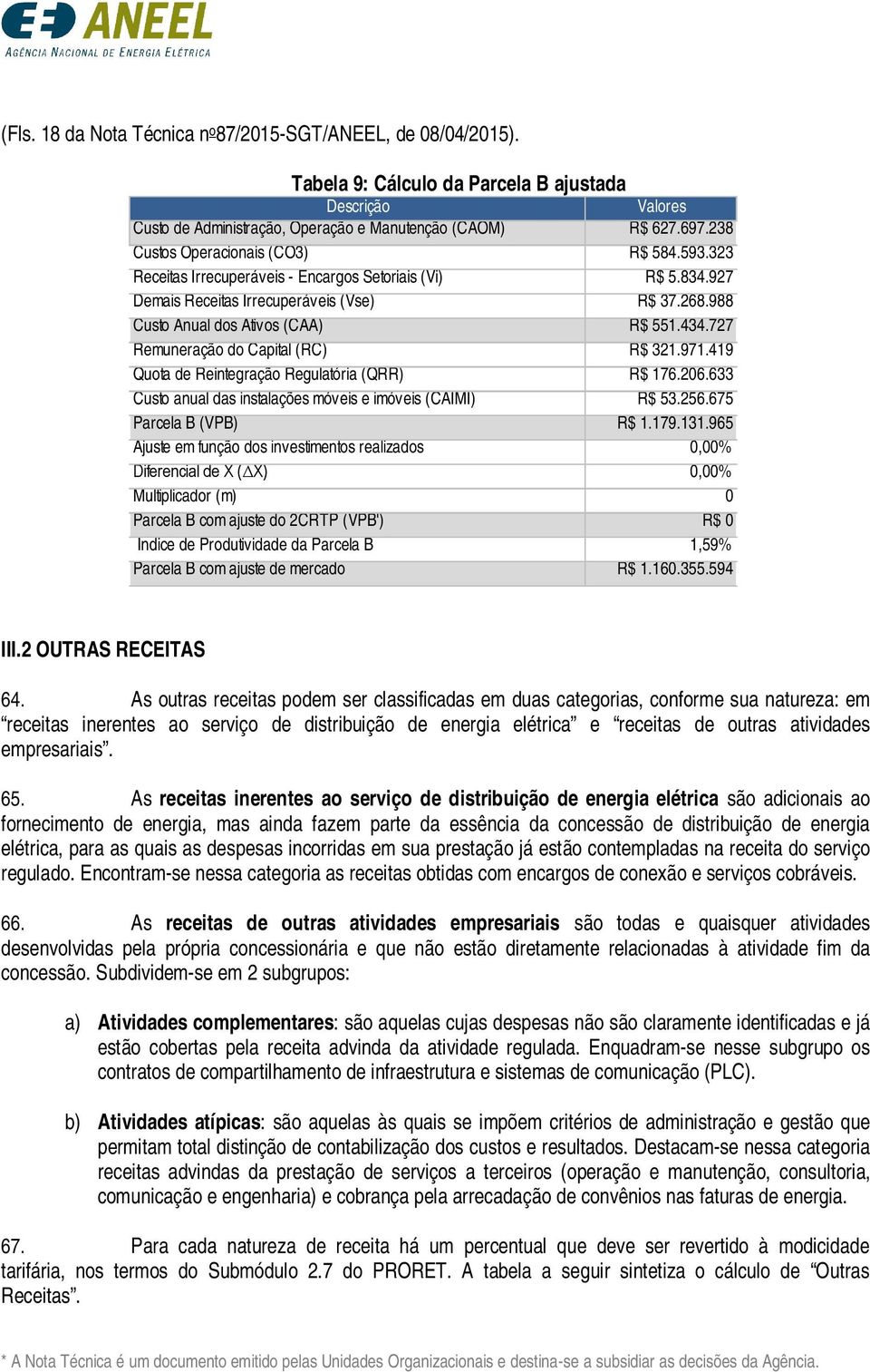 727 Remuneração do Capital (RC) R$ 321.971.419 Quota de Reintegração Regulatória (QRR) R$ 176.206.633 Custo anual das instalações móveis e imóveis (CAIMI) R$ 53.256.675 Parcela B (VPB) R$ 1.179.131.