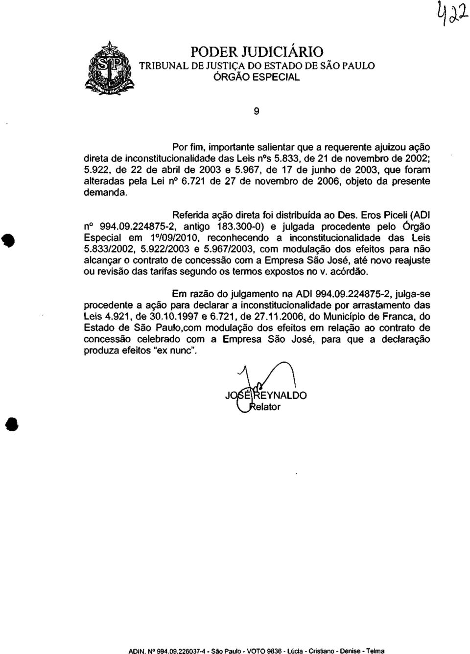 224875-2, antigo 183.300-0) e julgada procedente pelo Órgão Especial em 1 /09/2010, reconhecendo a inconstitucionalidade das Leis 5.833/2002, 5.922/2003 e 5.