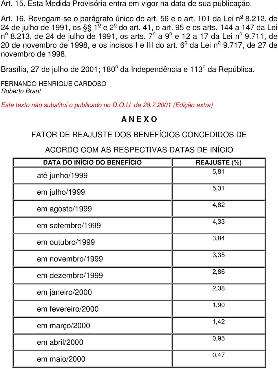 717, de 27 de novembro de 1998. Brasília, 27 de julho de 2001; 180 o da Independência e 113 o da República. FERNANDO HENRIQUE CARDOSO Roberto Brant Este texto não substitui o publicado no D.O.U. de 28.