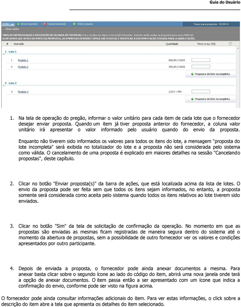 Enquanto não tiverem sido informados os valores para todos os itens do lote, a mensagem "proposta do lote incompleta" será exibida no totalizador do lote e a proposta não será considerada pelo