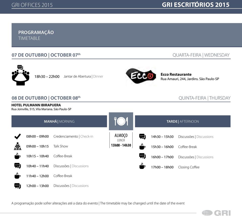 São Paulo-SP MANHÃ MORNING TARDE AFTERNOON 08h00 09h00 09h00 10h15 Credenciamento Check-in Talk Show ALMOÇO LUNCH 13h00-14h30 14h30 15h30 15h30 16h00 Discussões Discussions Coffee-Break 10h15 10h40