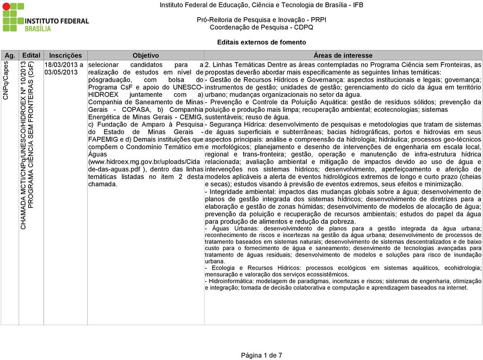 Linhas Temáticas Dentre as áreas contempladas no Programa Ciência sem Fronteiras, as 03/05/2013 realização de estudos em nível de propostas deverão abordar mais especificamente as seguintes linhas