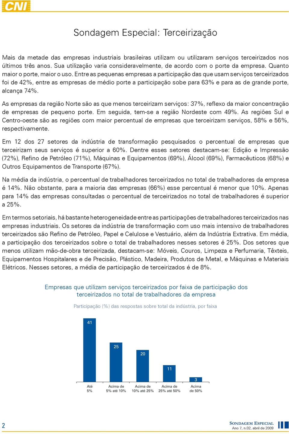 Entre as pequenas empresas a participação das que usam serviços terceirizados foi de 42%, entre as empresas de médio porte a participação sobe para 63% e para as de grande porte, alcança 74%.