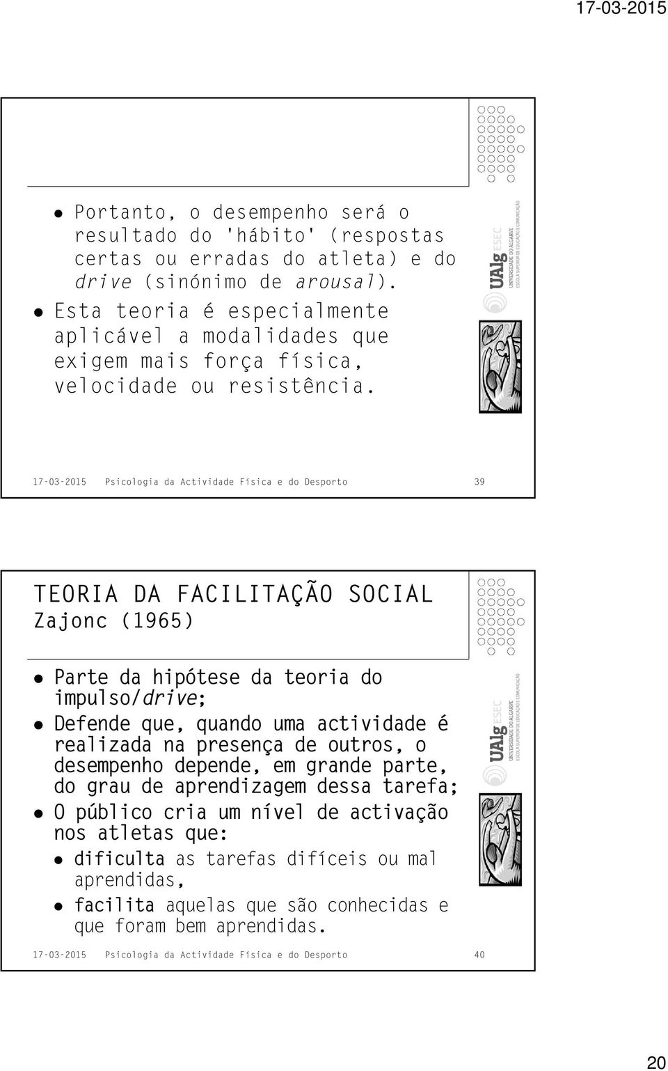 17-03-2015 Psicologia da Actividade Física e do Desporto 39 TEORIA DA FACILITAÇÃO SOCIAL Zajonc (1965) Parte da hipótese da teoria do impulso/drive; Defende que, quando uma actividade é