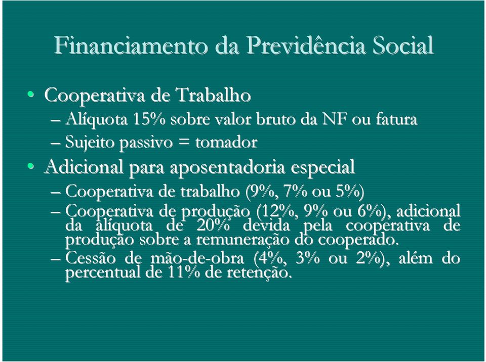 Cooperativa de produção (12%, 9% ou 6%), adicional da alíquota de 20% devida pela cooperativa de produção