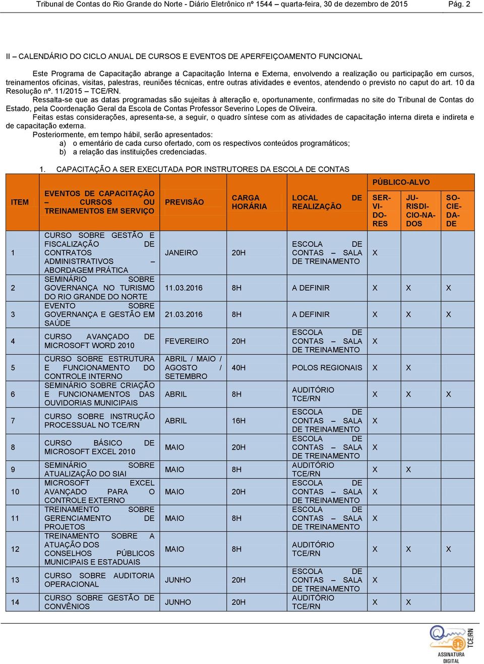 treinamentos oficinas, visitas, palestras, reuniões técnicas, entre outras atividades e eventos, atendendo o previsto no caput do art. 10 da Resolução nº. 11/2015.