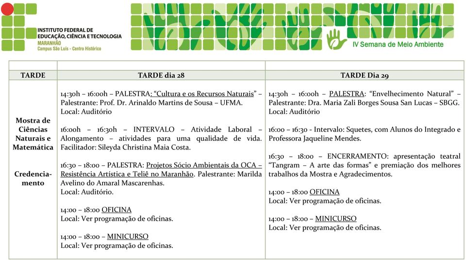 16:30 18:00 PALESTRA: Projetos Sócio Ambientais da OCA Resistência Artística e Teliê no Maranhão. Palestrante: Marilda Avelino do Amaral Mascarenhas.