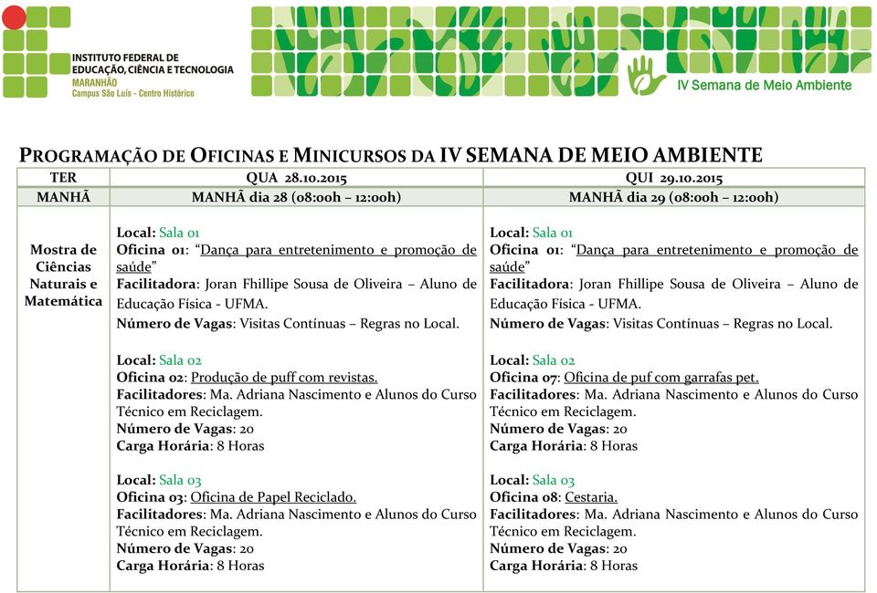 2015 MANHÃ MANHÃ dia 28 (08:00h 12:00h) MANHÃ dia 29 (08:00h 12:00h) Regras no Local.