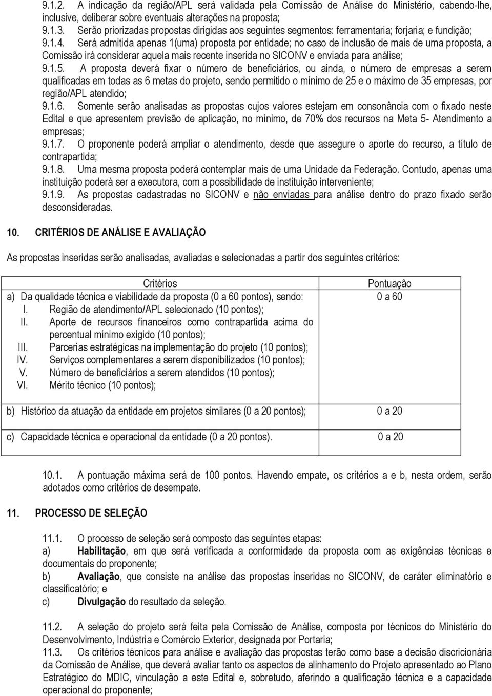 Será admitida apenas 1(uma) proposta por entidade; no caso de inclusão de mais de uma proposta, a Comissão irá considerar aquela mais recente inserida no SICONV e enviada para análise; 9.1.5.