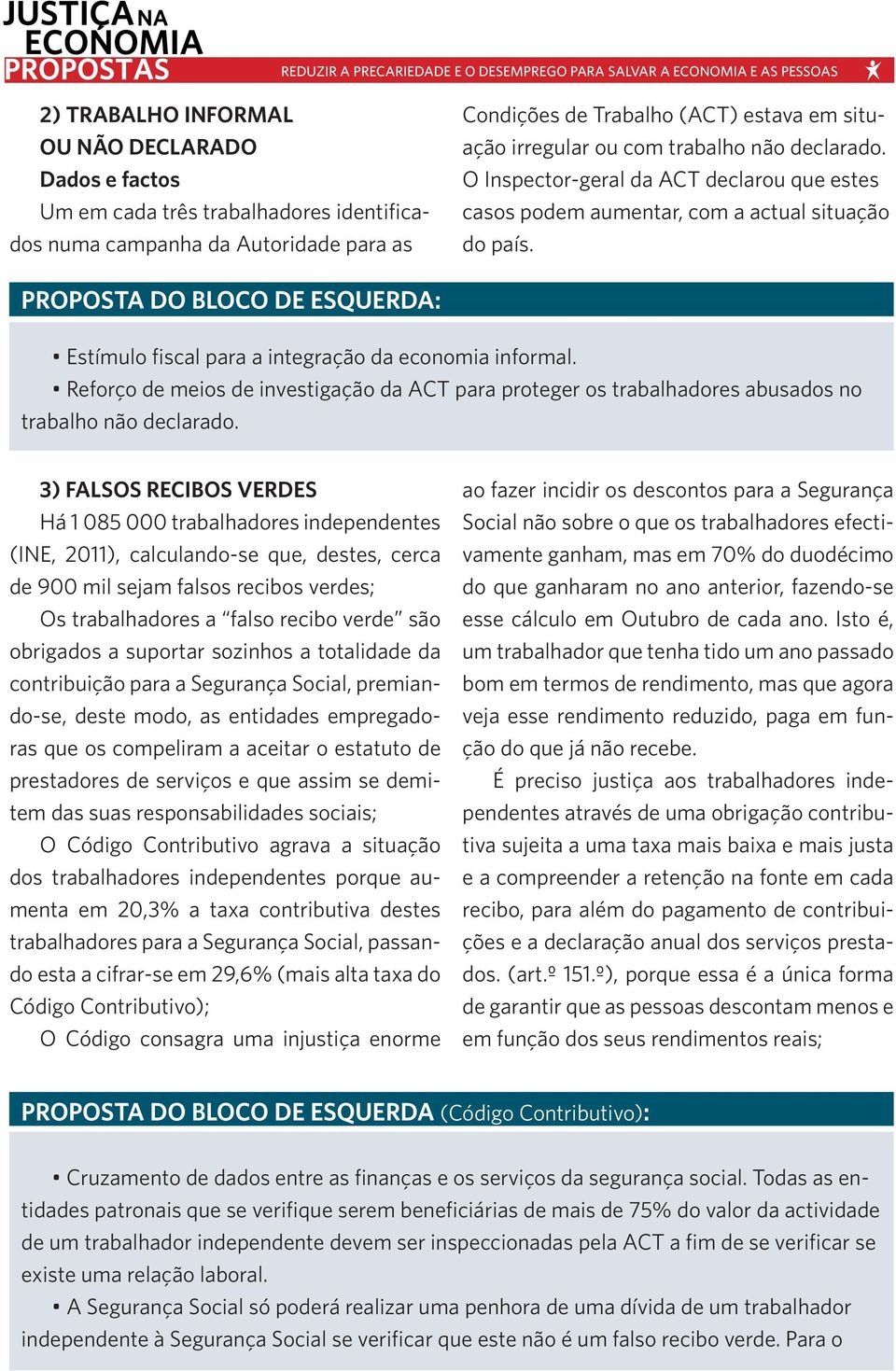 PROPOSTA DO BLOCO DE ESQUERDA: Estímulo fiscal para a integração da economia informal. Reforço de meios de investigação da ACT para proteger os trabalhadores abusados no trabalho não declarado.