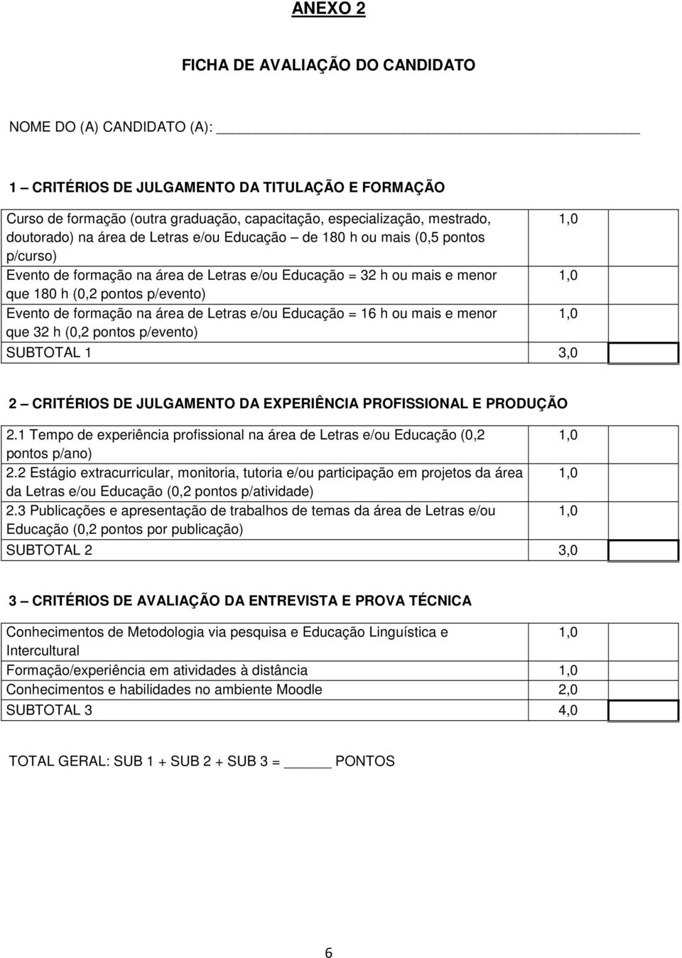 formação na área de Letras e/ou Educação = 16 h ou mais e menor que 32 h (0,2 pontos p/evento) SUBTOTAL 1 3,0 2 CRITÉRIOS DE JULGAMENTO DA EXPERIÊNCIA PROFISSIONAL E PRODUÇÃO 2.