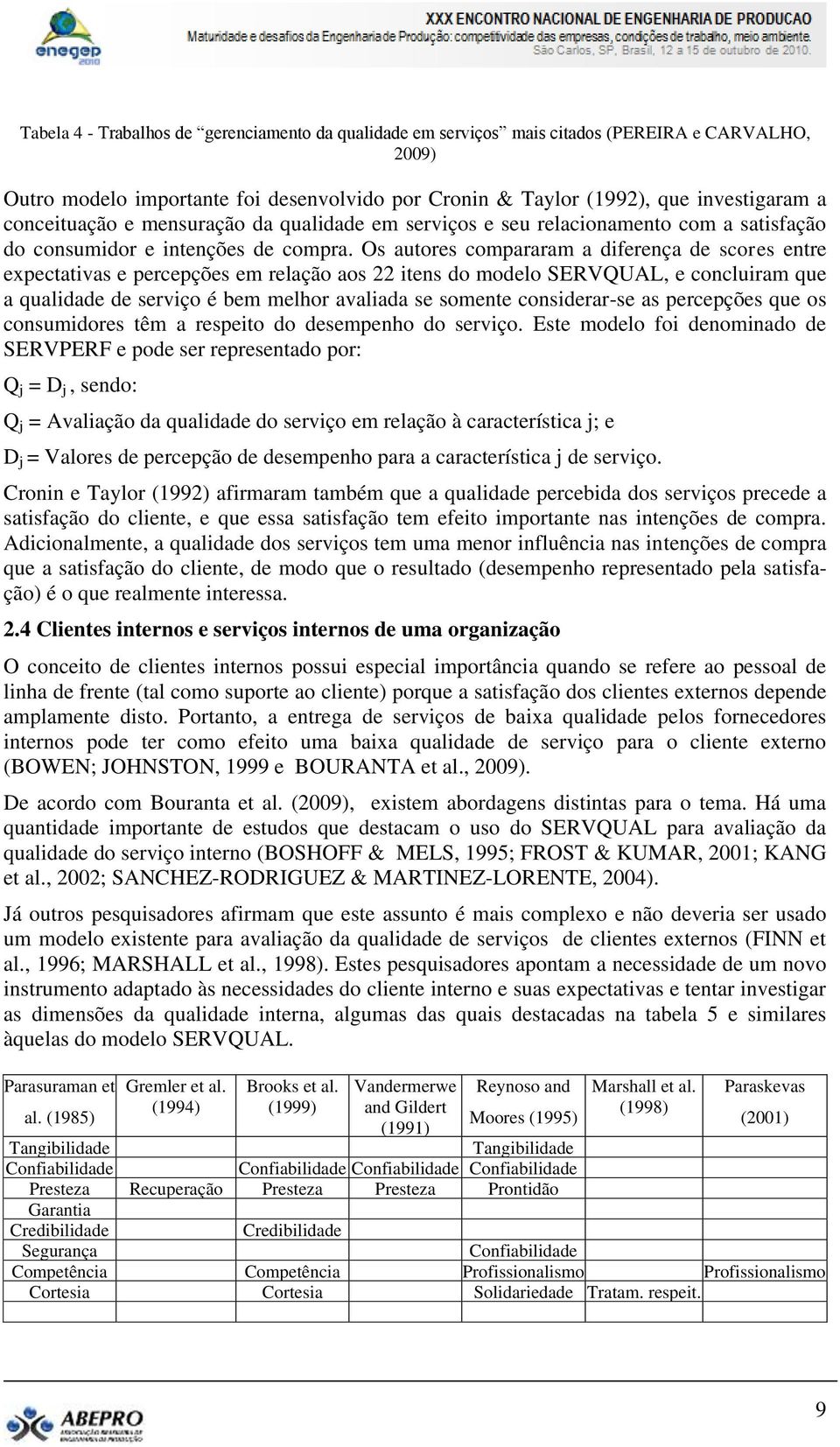 Os autores compararam a diferença de scores entre expectativas e percepções em relação aos 22 itens do modelo SERVQUAL, e concluiram que a qualidade de serviço é bem melhor avaliada se somente