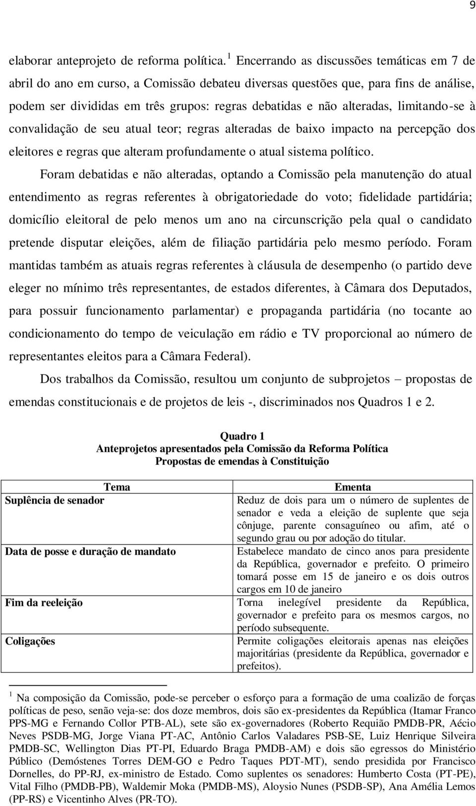 alteradas, limitando-se à convalidação de seu atual teor; regras alteradas de baixo impacto na percepção dos eleitores e regras que alteram profundamente o atual sistema político.