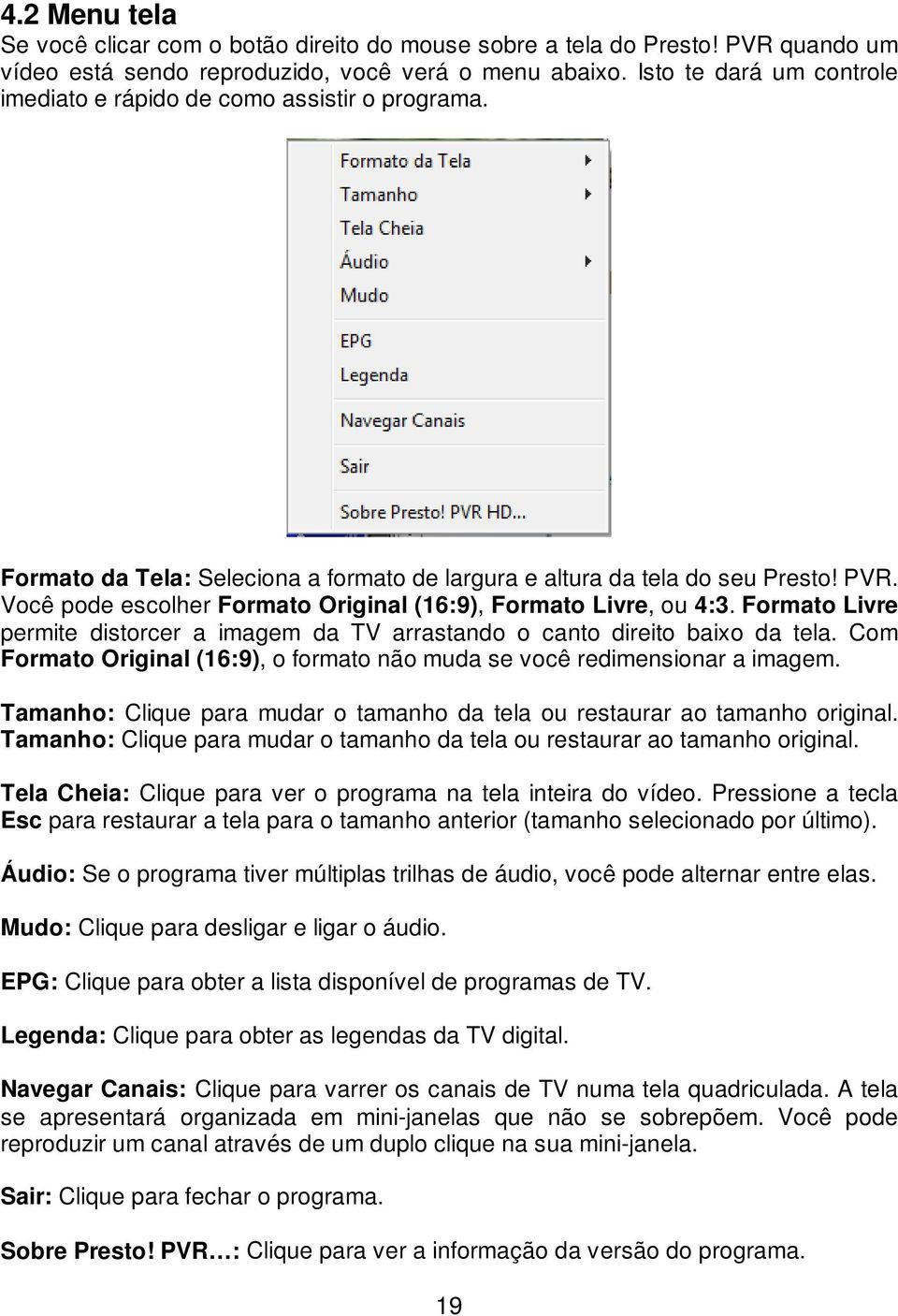 Você pode escolher Formato Original (16:9), Formato Livre, ou 4:3. Formato Livre permite distorcer a imagem da TV arrastando o canto direito baixo da tela.