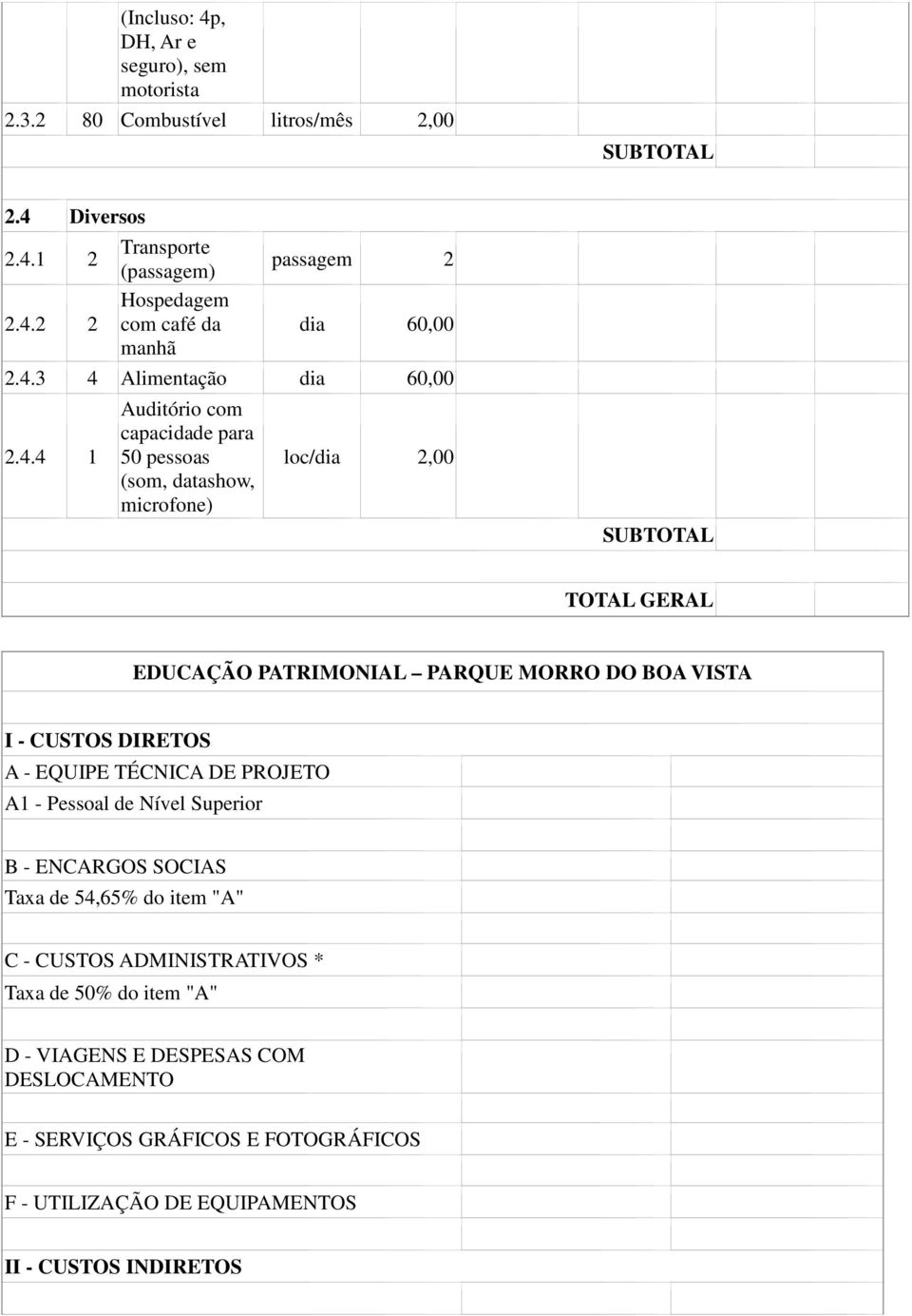 I - CUSTOS DIRETOS A - EQUIPE TÉCNICA DE PROJETO A1 - Pessoal de Nível Superior B - ENCARGOS SOCIAS Taxa de 54,65% do item "A" C - CUSTOS ADMINISTRATIVOS * Taxa de