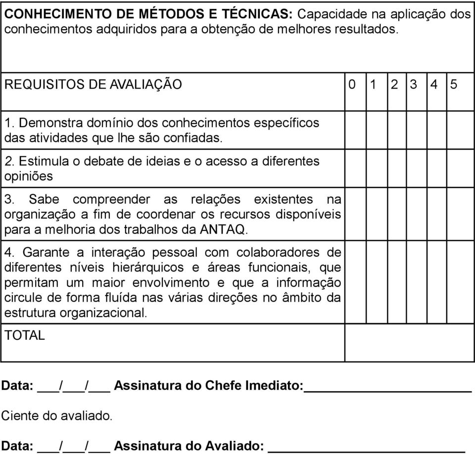 Sabe compreender as relações existentes na organização a fim de coordenar os recursos disponíveis para a melhoria dos trabalhos da ANTAQ. 4.