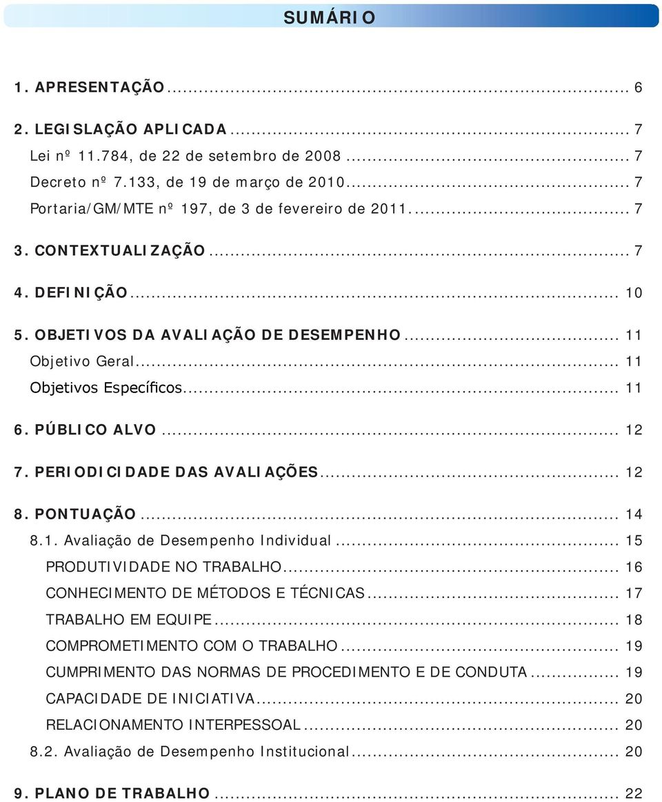 .. 12 7. PERIODICIDADE DAS AVALIAÇÕES... 12 8. PONTUAÇÃO... 14 8.1. Avaliação de Desempenho Individual... 15 PRODUTIVIDADE NO TRABALHO... 16 CONHECIMENTO DE MÉTODOS E TÉCNICAS.