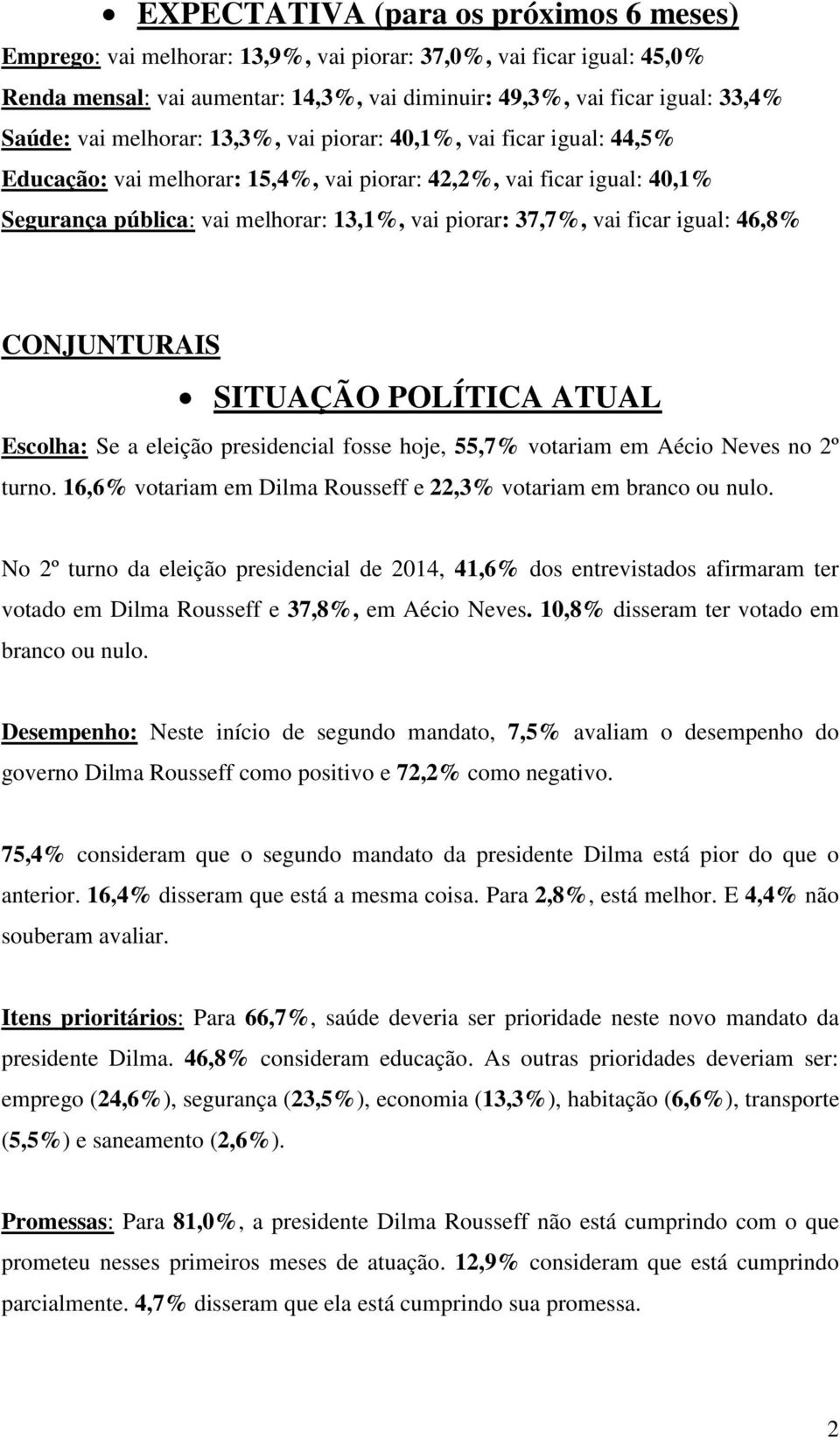 ficar igual: 46,8% CONJUNTURAIS SITUAÇÃO POLÍTICA ATUAL Escolha: Se a eleição presidencial fosse hoje, 55,7% votariam em Aécio Neves no 2º turno.