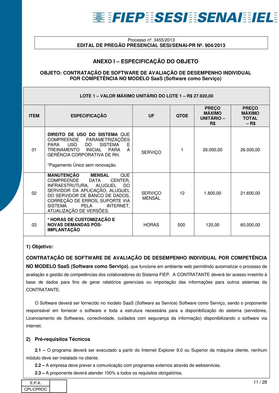 GERÊNCIA CORPORATIVA DE RH. SERVIÇO 1 26.000,00 26.000,00 *Pagamento Único sem renovação.