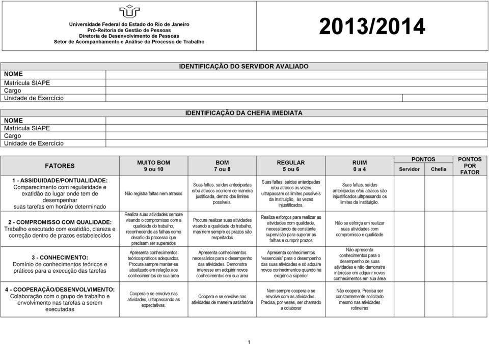 para a execução das tarefas MUITO BOM 9 ou 10 Não registra faltas nem atrasos Realiza suas atividades sempre visando o compromisso com a qualidade do trabalho, reconhecendo as falhas como desafio do