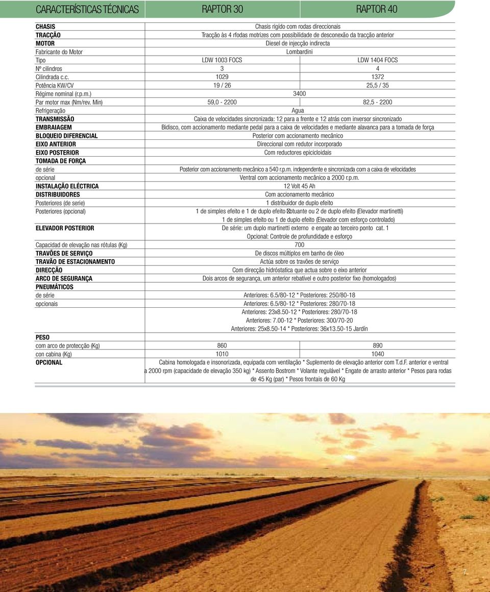 (opcional) ELEVADOR POSTERIOR Capacidad de elevação nas rótulas (Kg) TRAVÕES DE SERVIÇO TRAVÃO DE ESTACIONAMENTO DIRECÇÃO ARCO DE SEGURANÇA PNEUMÁTICOS de série opcionais PESO com arco de protecção