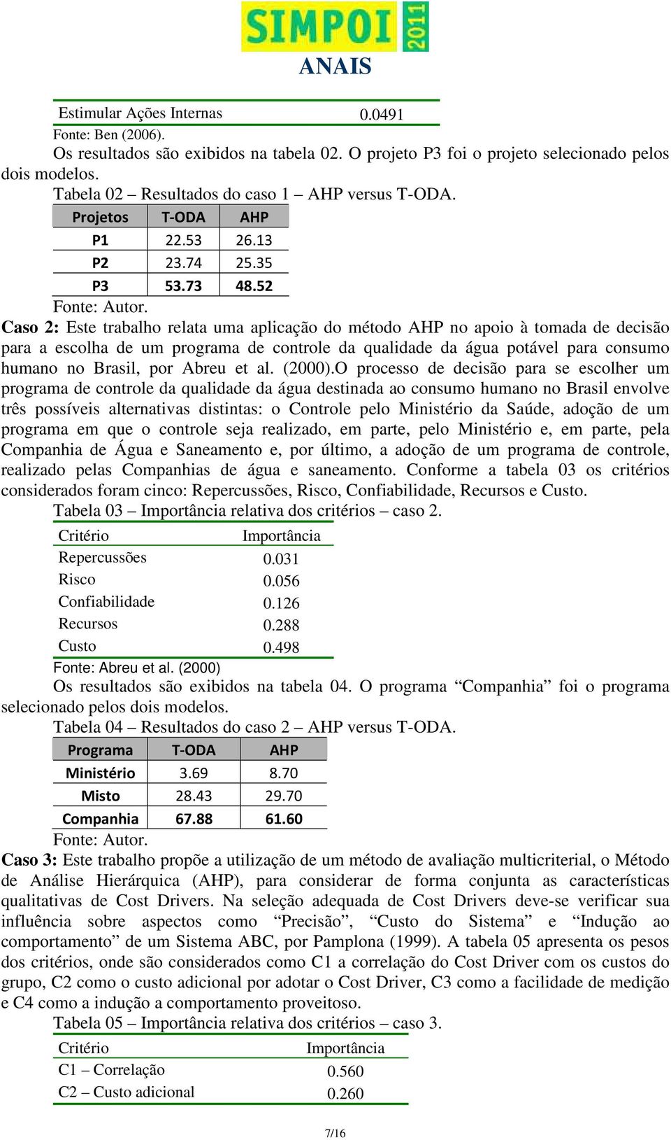 52 Caso 2: Este trabalho relata uma aplicação do método AHP no apoio à tomada de decisão para a escolha de um programa de controle da qualidade da água potável para consumo humano no Brasil, por