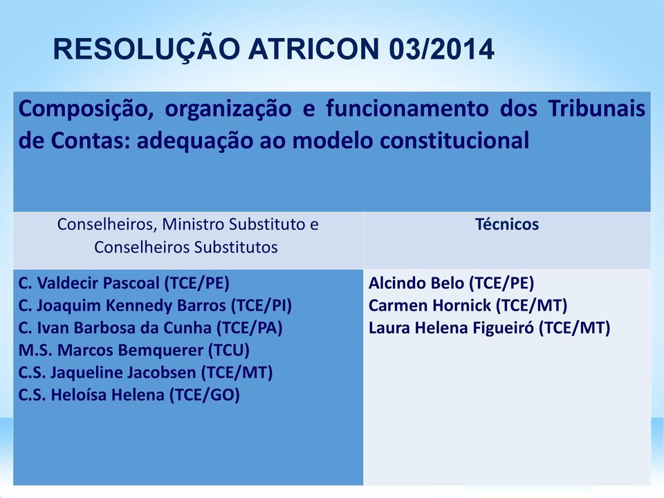 Joaquim Kennedy Barros (TCE/PI) C. Ivan Barbosa da Cunha (TCE/PA) M.S. Marcos Bemquerer (TCU) C.S. Jaqueline Jacobsen (TCE/MT) C.