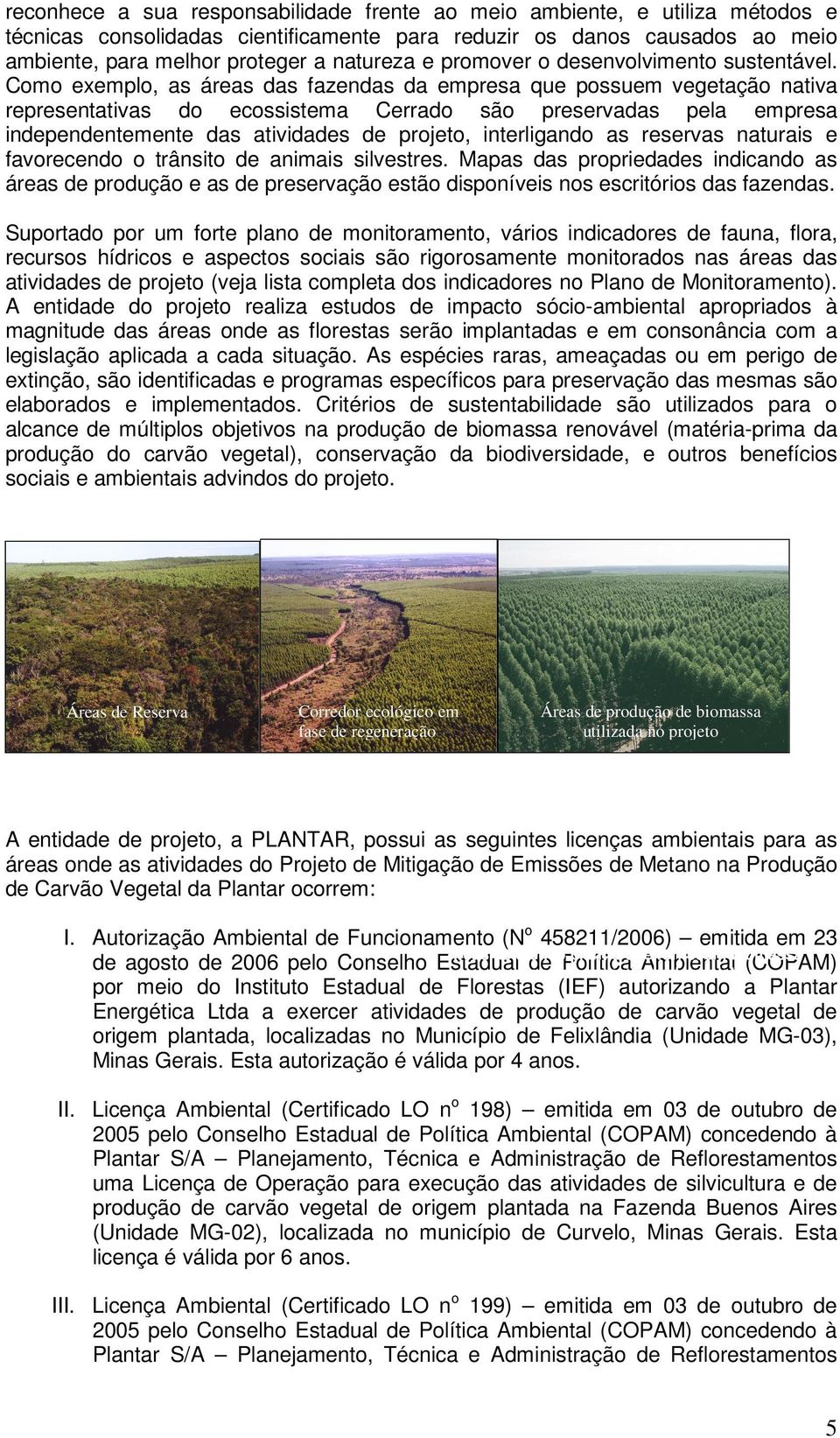 Como exemplo, as áreas das fazendas da empresa que possuem vegetação nativa representativas do ecossistema Cerrado são preservadas pela empresa independentemente das atividades de projeto,