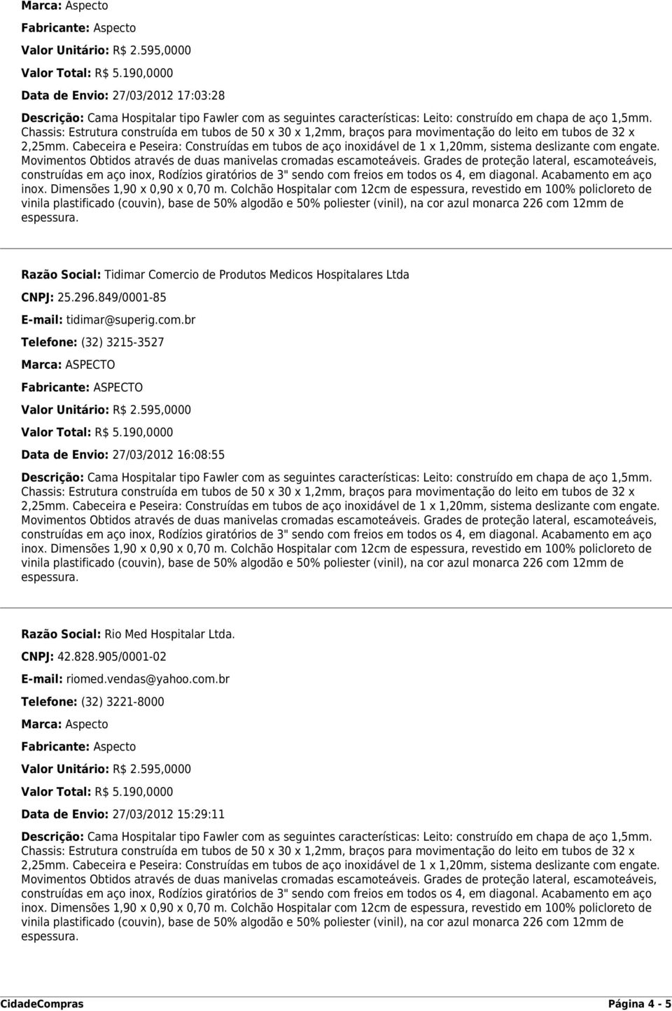 br Telefone: (32) 3215-3527 Marca: ASPECTO Fabricante: ASPECTO Data de Envio: 27/03/2012 16:08:55 Razão Social: Rio Med